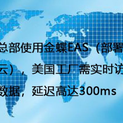 国内总部使用金蝶EAS（部署于阿里云），美国工厂需实时访问生产数据，延迟高达300ms-- 解决方案//世耕通信全球ERP、OA办公专网专线